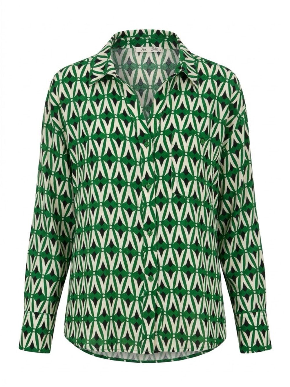 Geometric Green Long-Sleeve Blouse